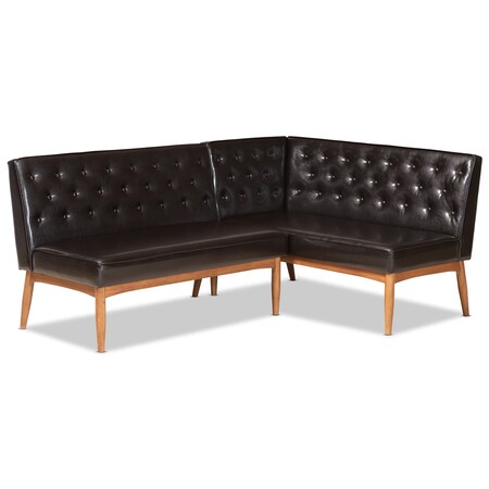 Baxton Studio Riordan Mid-Century Dark Brown Faux Leather and Walnut Brown Wood 2-PC Dining Nook Banquette Set 186-11358-Zoro